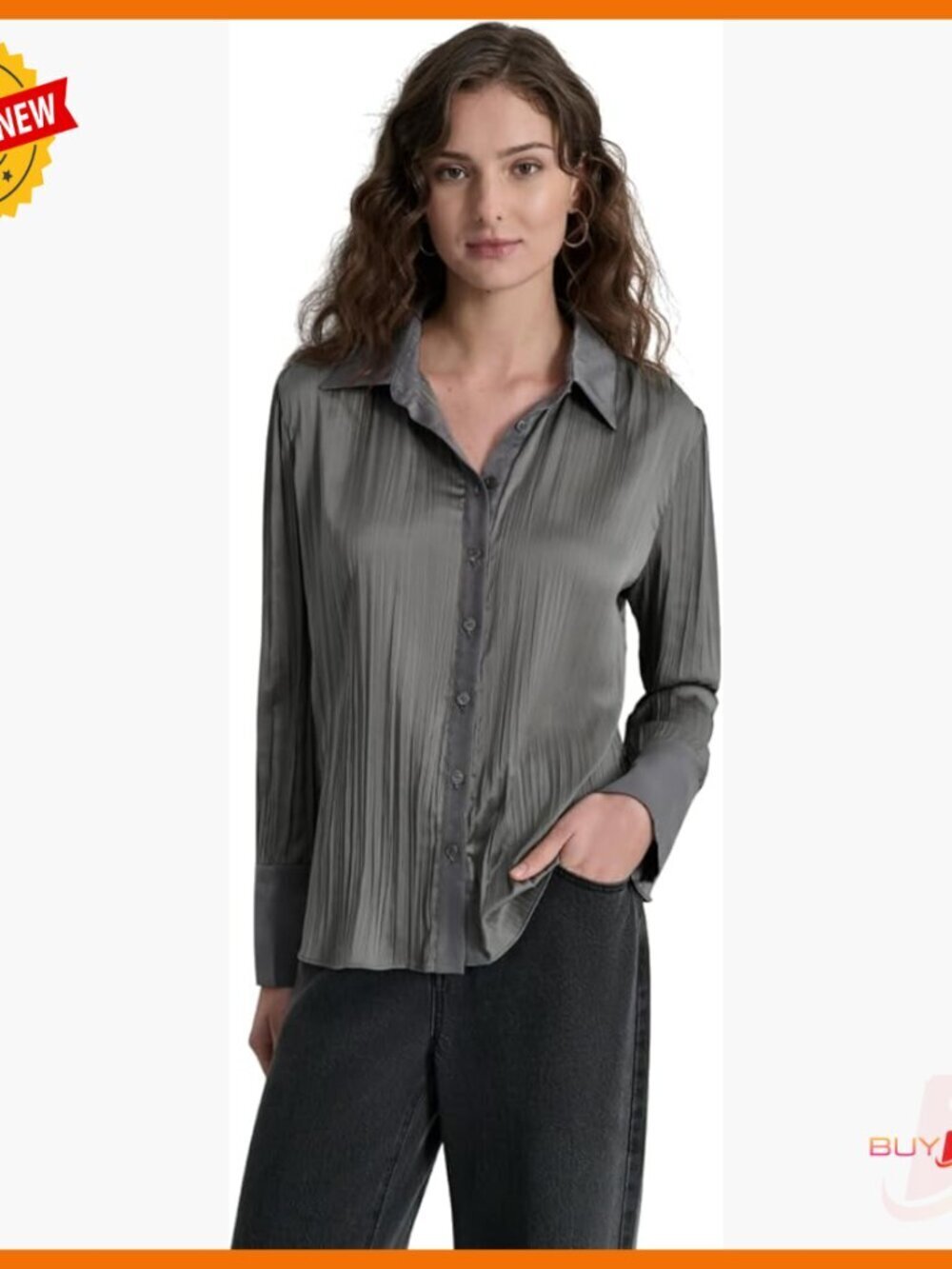 Pleated Satin Blouse Long Sleeve Button Down Classic Fit Workwear